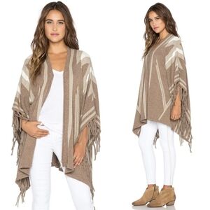 Joie Poncho Ignacie Tan Fringe Boho Full Zip Cotton Wool Cashmere Size XXS